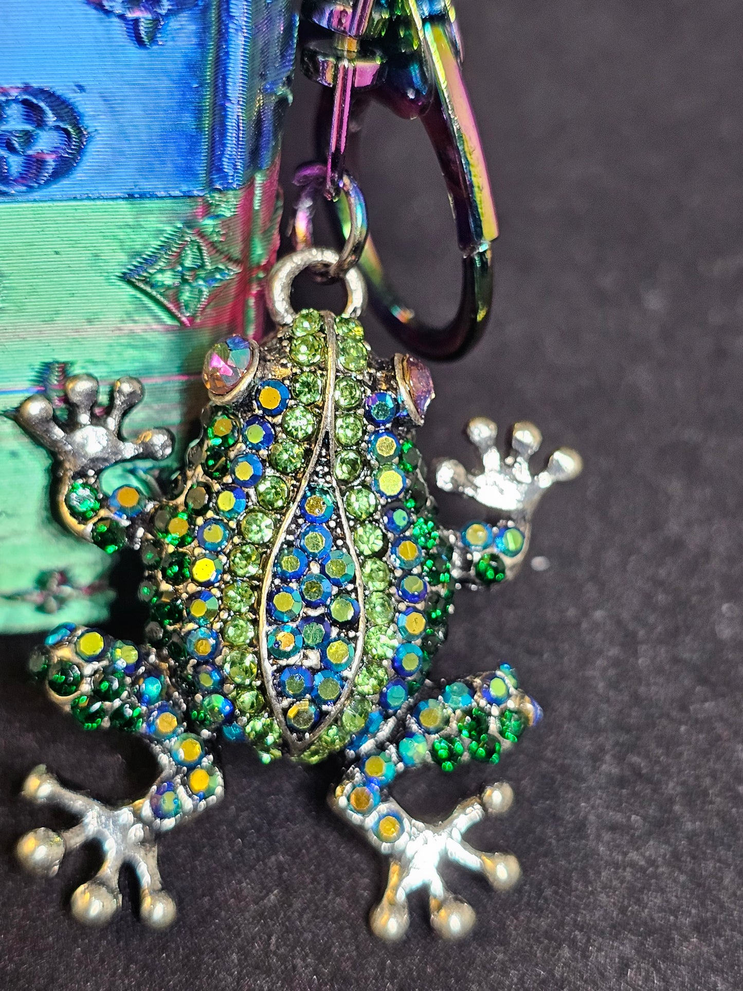 Designer Inspired Purple, Blue, Green and Pink 3D Printed Bag Buddy with Green and Blue Rhinestone Frog Charm