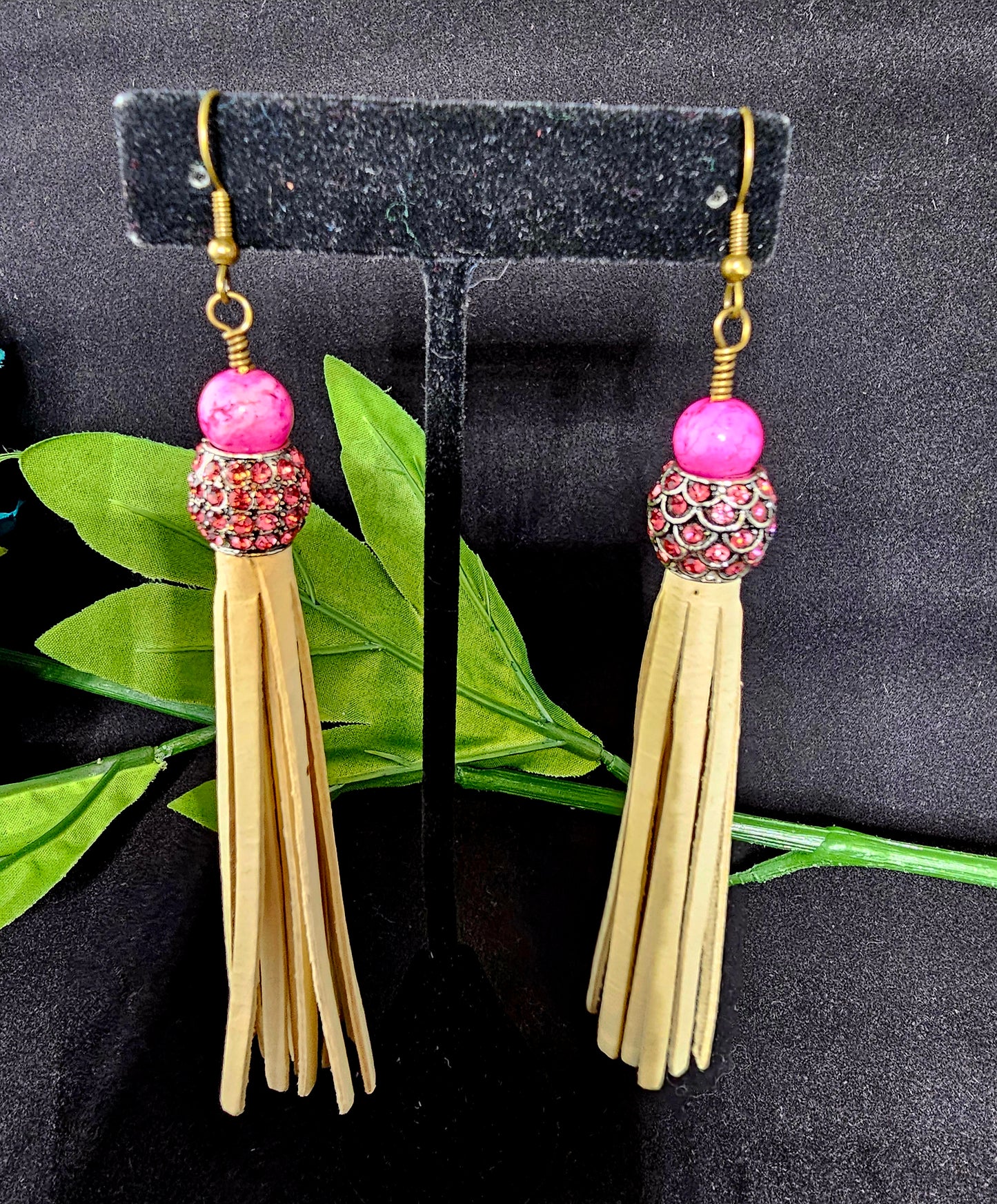 Razzle Dazzle Tassel Collection - Fushia and Cream Leather Fringe Dangle Earring