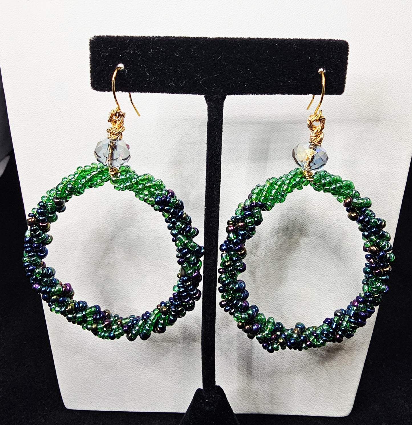 Hoop Dreams Beaded Collection - Green and Blue Drop Hoop with Crystal Accent