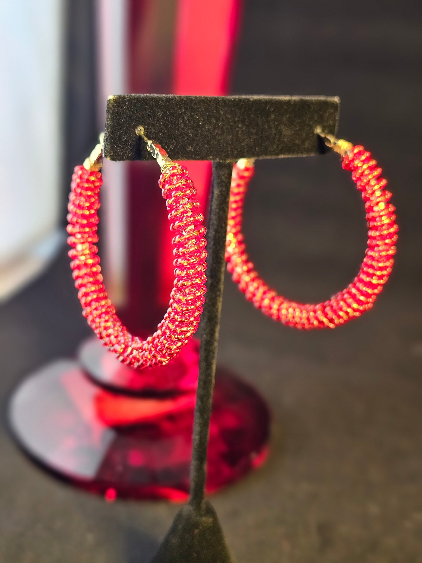 Hoop Dreams - Red Beaded Gold Hoop Earrings