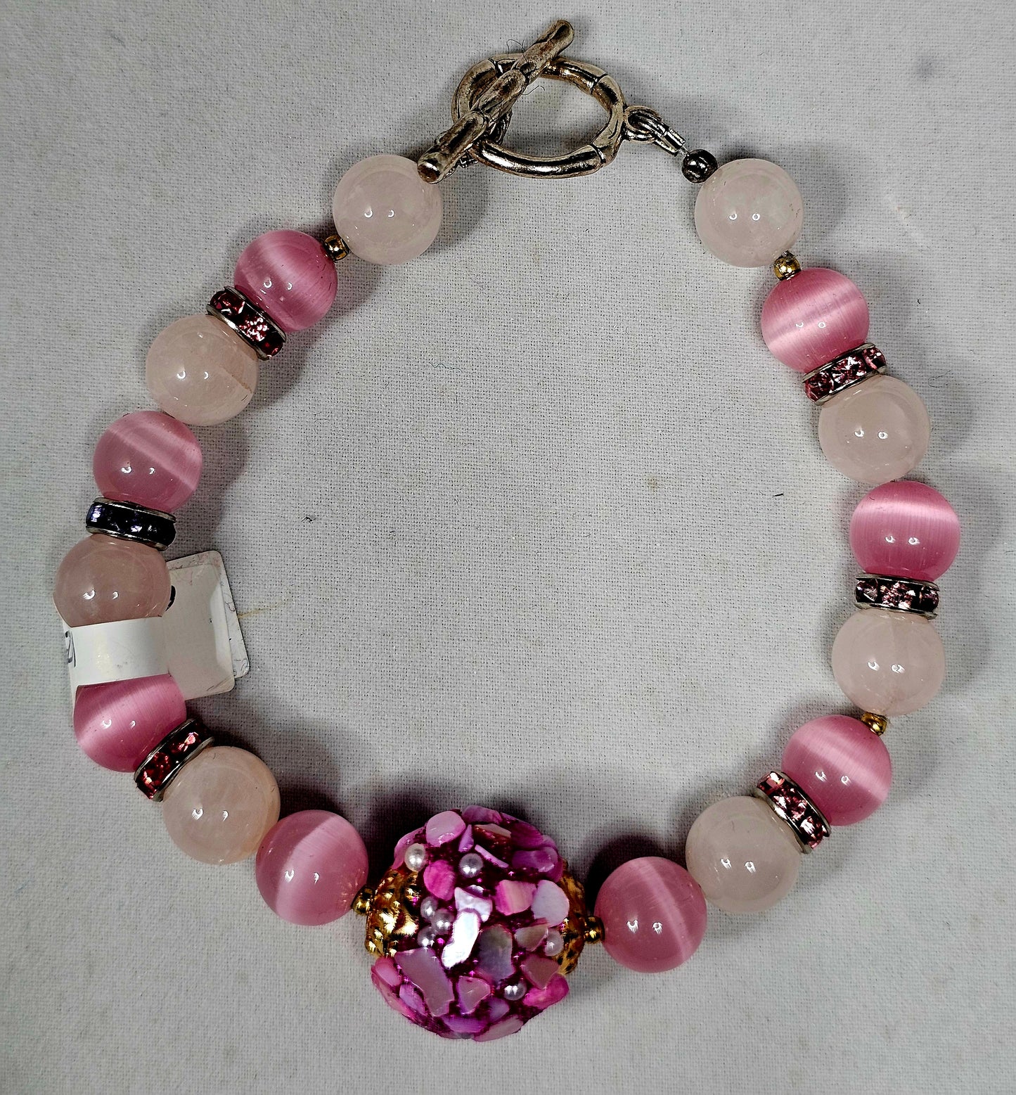 Pink Tiger Eye and Rose Quartz Beads with a Pearl Shell Focal Bead Accompanied by Pink and Purple Rondelle Beads