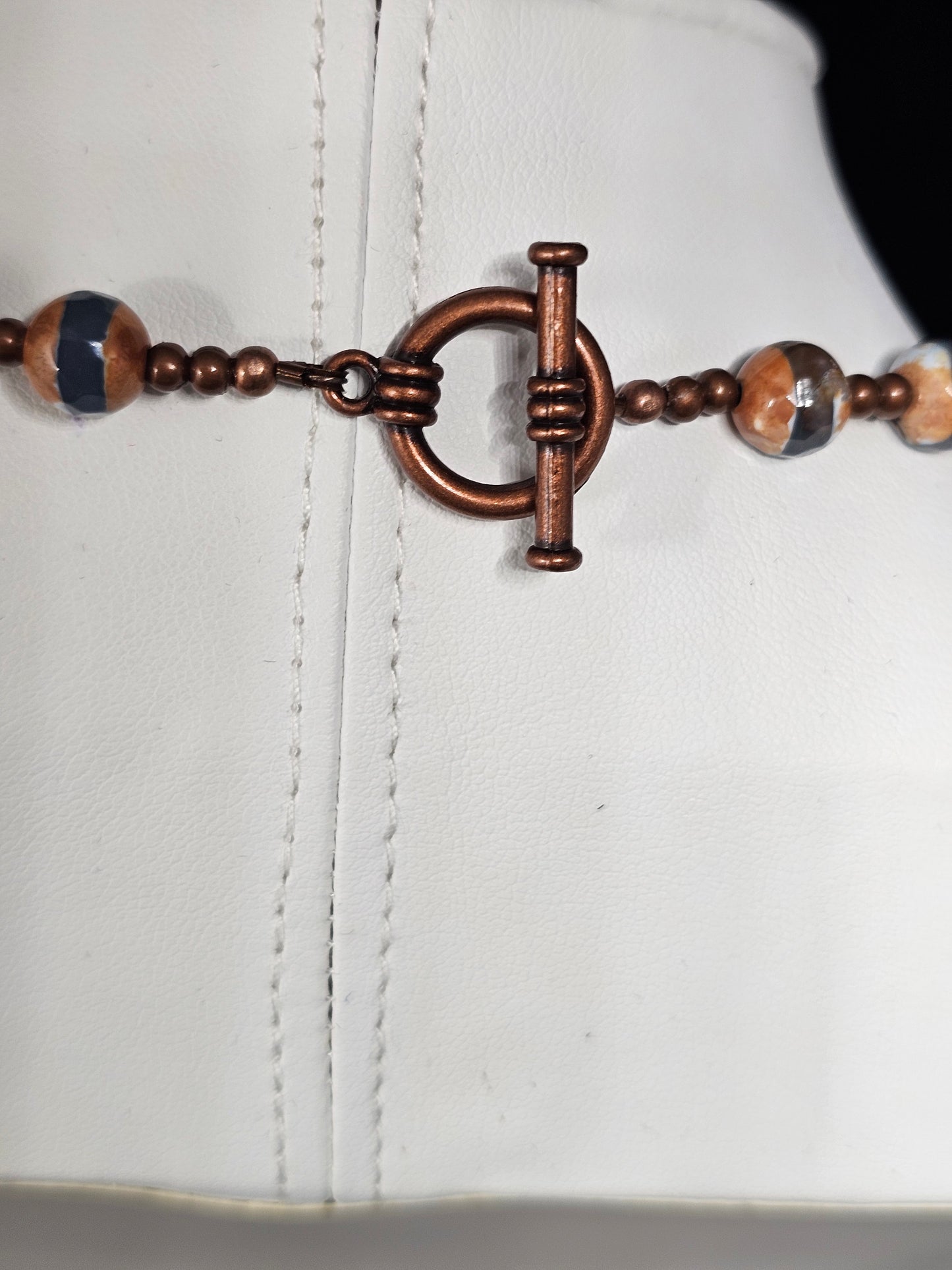Polished Cooper King Shield with Embossed Cross Necklancw with Copper and Blue Tibetan Beads and Metal Copper Spacers