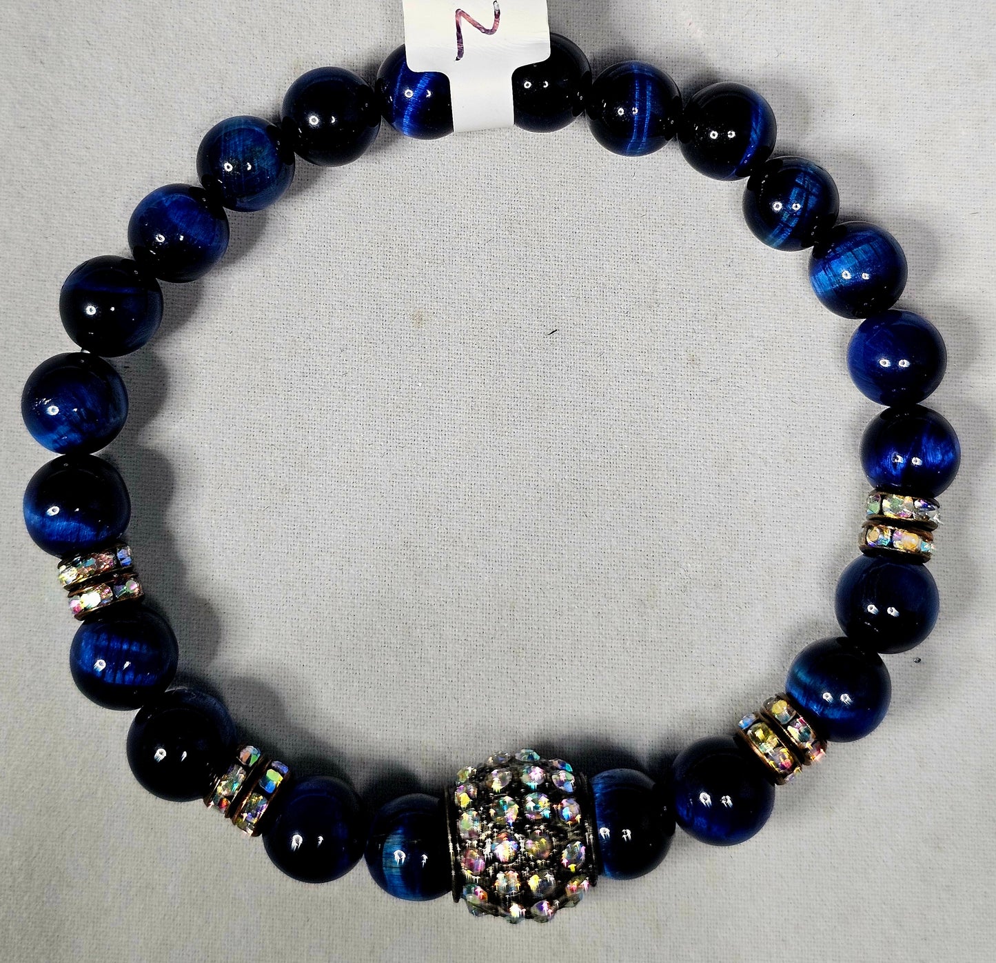 Royal Blue Tiger Eye Bead with Iridescent Rhinestone Focal Bead and Rondelle Spacer Bracelet