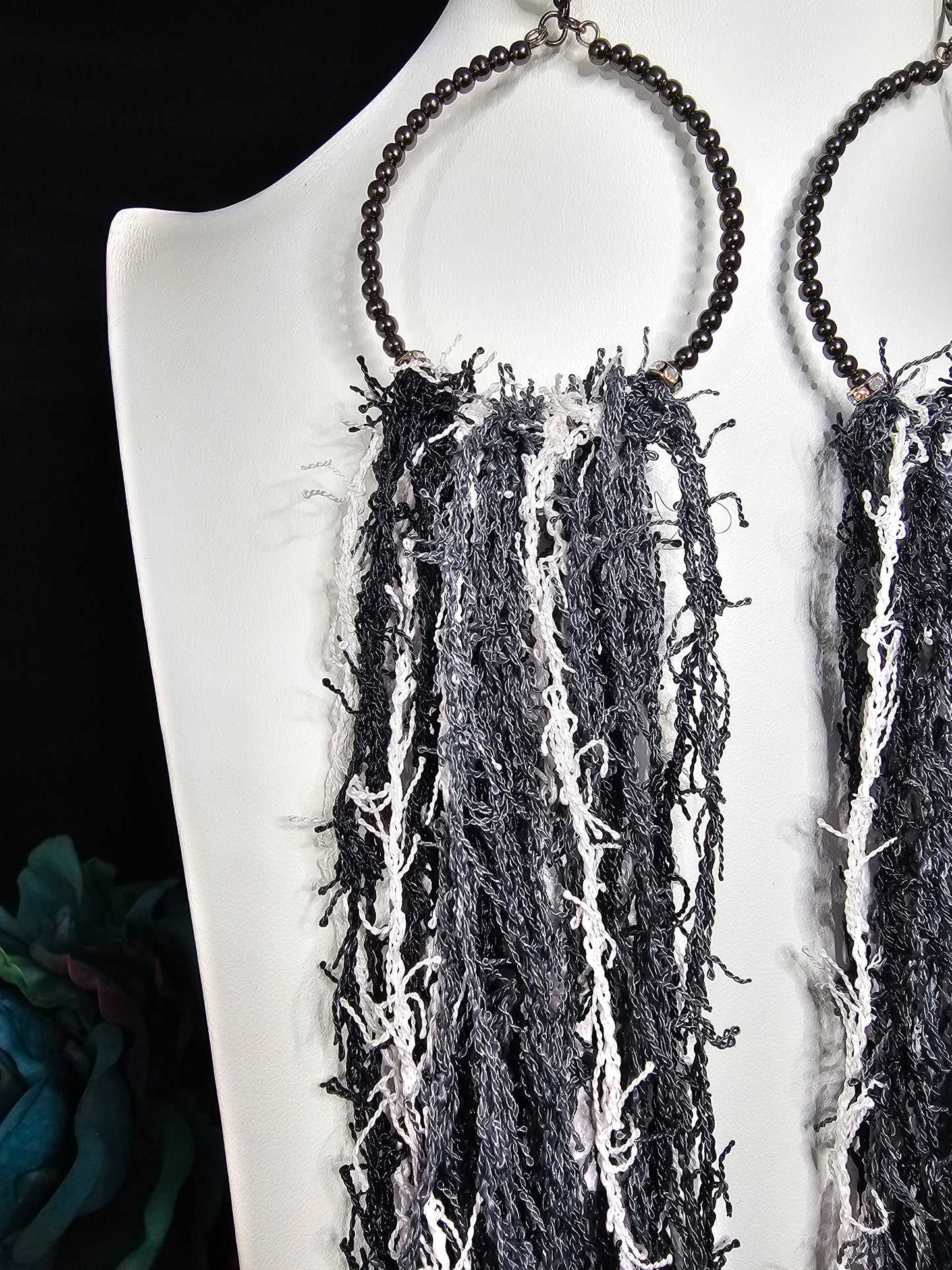 Razzle Dazzle Tassel Collection - Black, White & Grey Scrubby Yarn Tassel Earring on Hematite Beaded Hoops