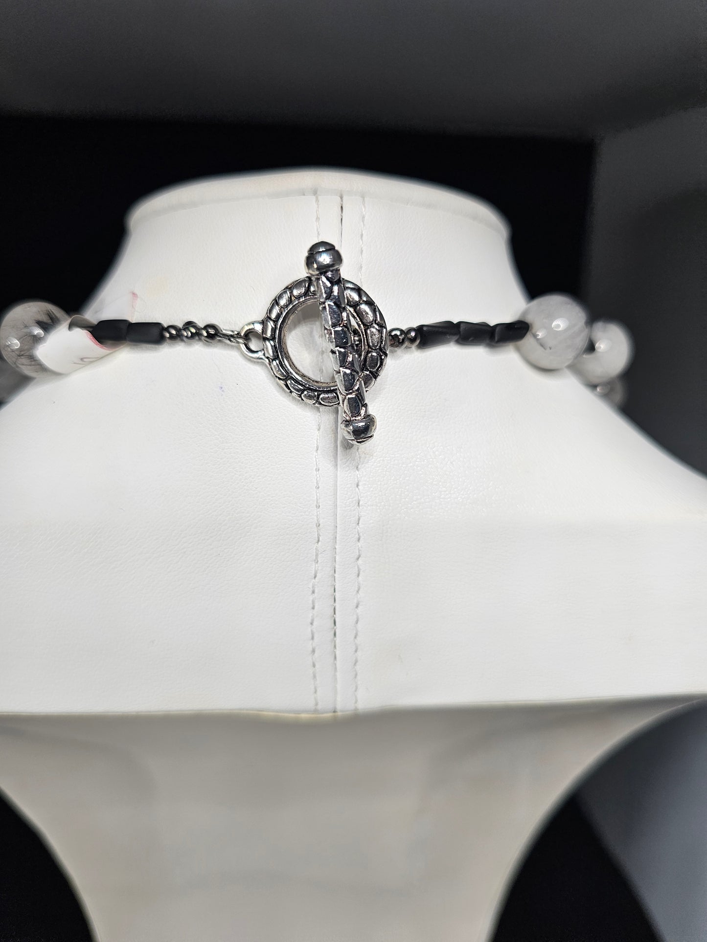 Silver Wire Wrapped Orthoceras Fossil Pendant with Natural Black Tourmaline Quartz Beads