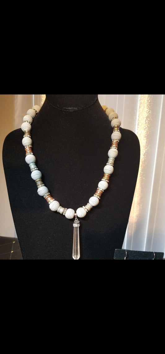 Grey Clay Bead Necklace with Rock Crystal Pendant