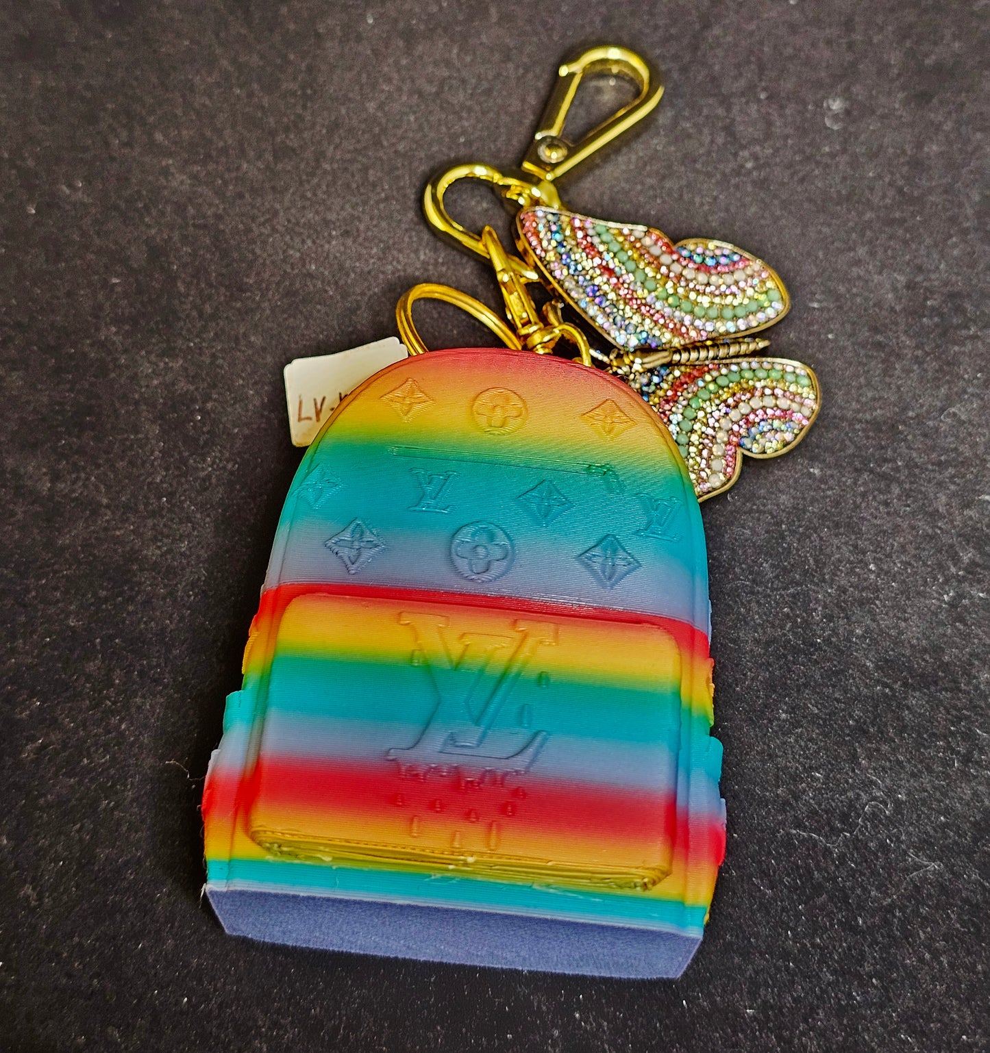 Designer Inspired 3D Printed Stripe Back Pack Bag Buddy with Rhinestone Butterfly Charm