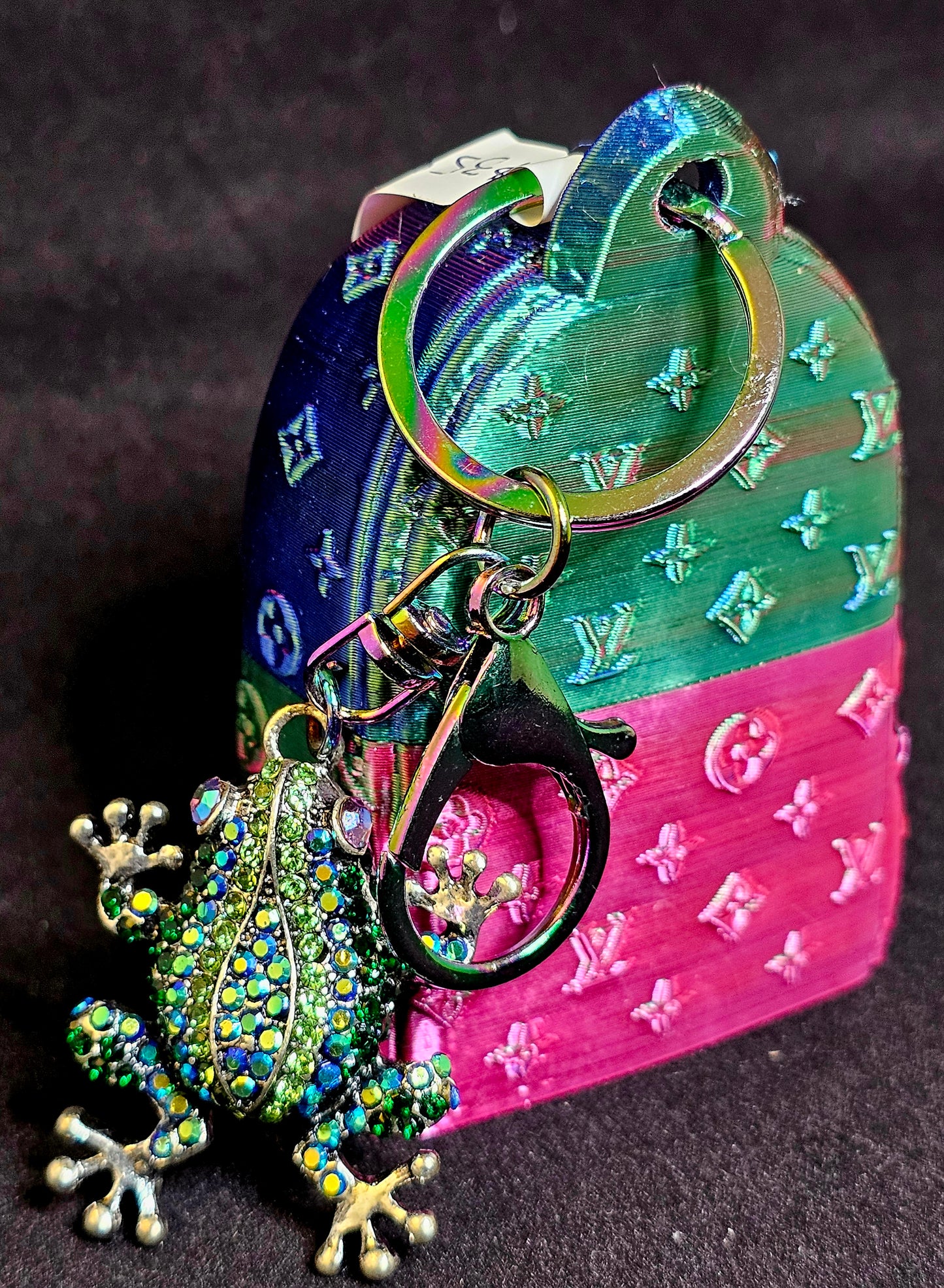 Designer Inspired Purple, Blue, Green and Pink 3D Printed Bag Buddy with Green and Blue Rhinestone Frog Charm