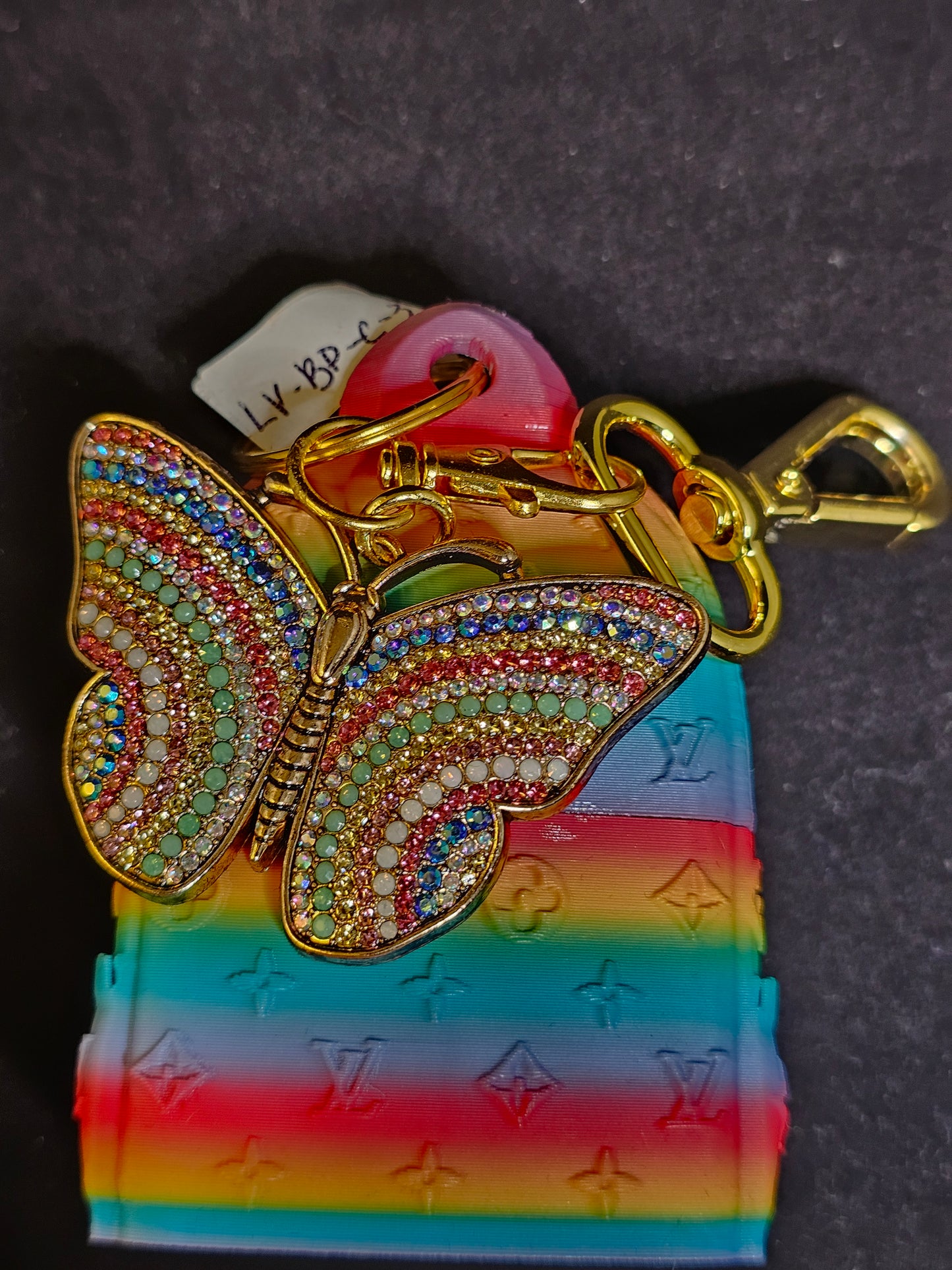 Designer Inspired 3D Printed Stripe Back Pack Bag Buddy with Rhinestone Butterfly Charm
