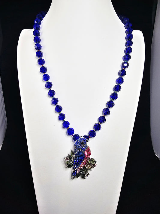 Beautiful Rhinestone Parrot Pendant Necklace with Cobalt Blue Faceted Beads and Rainbow Hued Accent Beads and Clasp