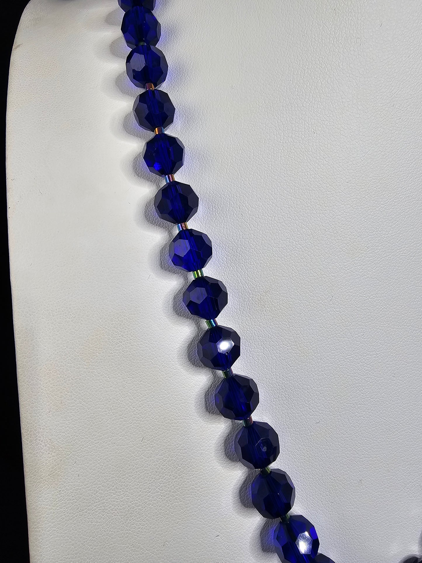 Beautiful Rhinestone Parrot Pendant Necklace with Cobalt Blue Faceted Beads and Rainbow Hued Accent Beads and Clasp