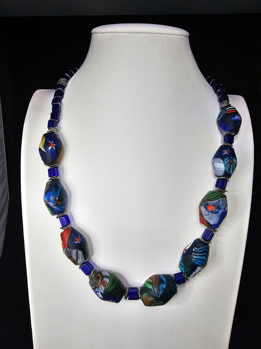 Cobalt Blue Abstract Multicolored Hexagon Bead with Textured Blue Beads and Silver Hammered Discs Spacers Necklance
