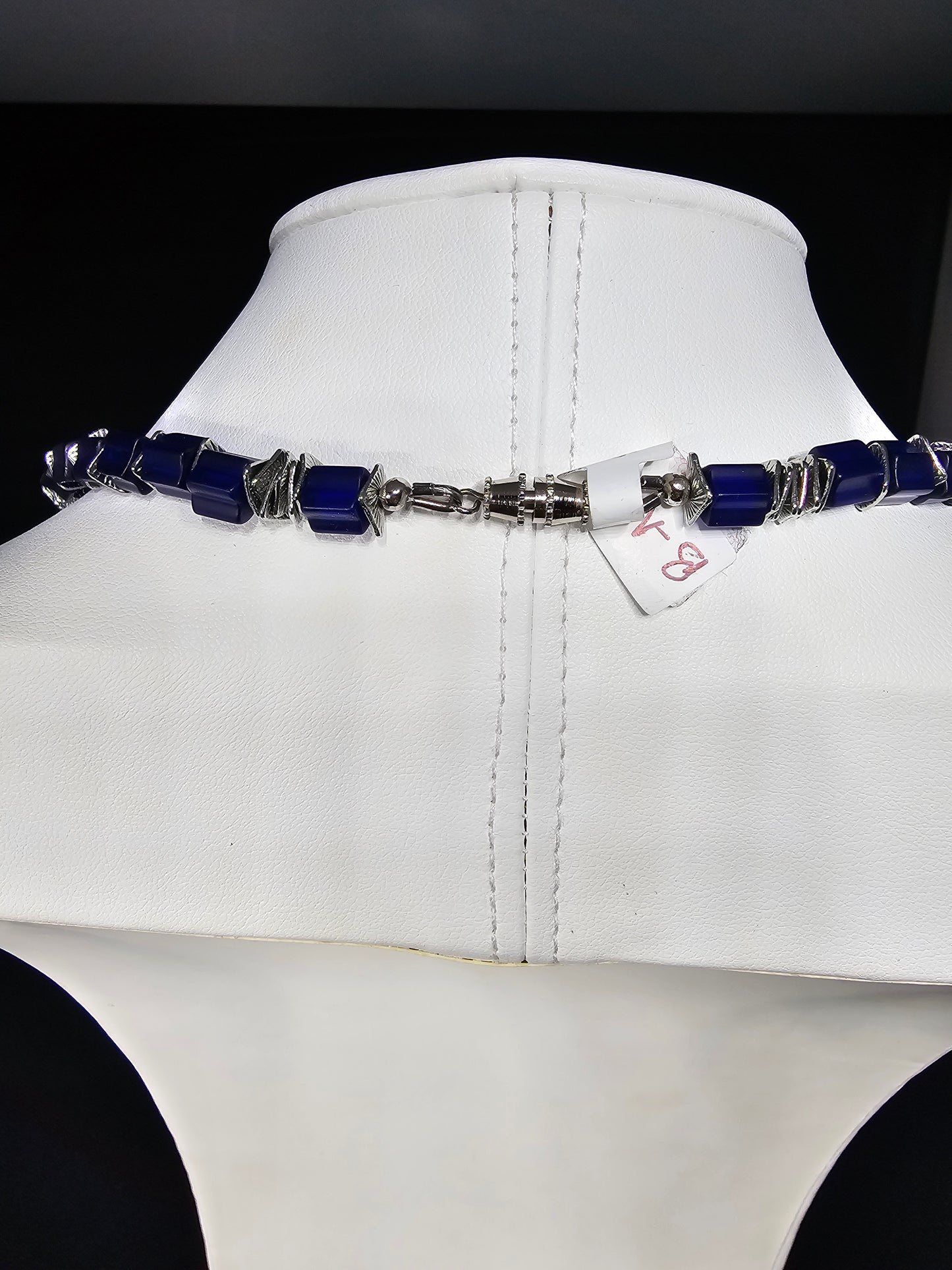 Cobalt Blue Abstract Multicolored Hexagon Bead with Textured Blue Beads and Silver Hammered Discs Spacers Necklance