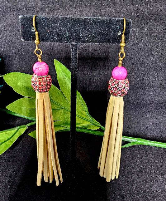 Razzle Dazzle Tassel Collection - Fushia and Cream Leather Fringe Dangle Earring