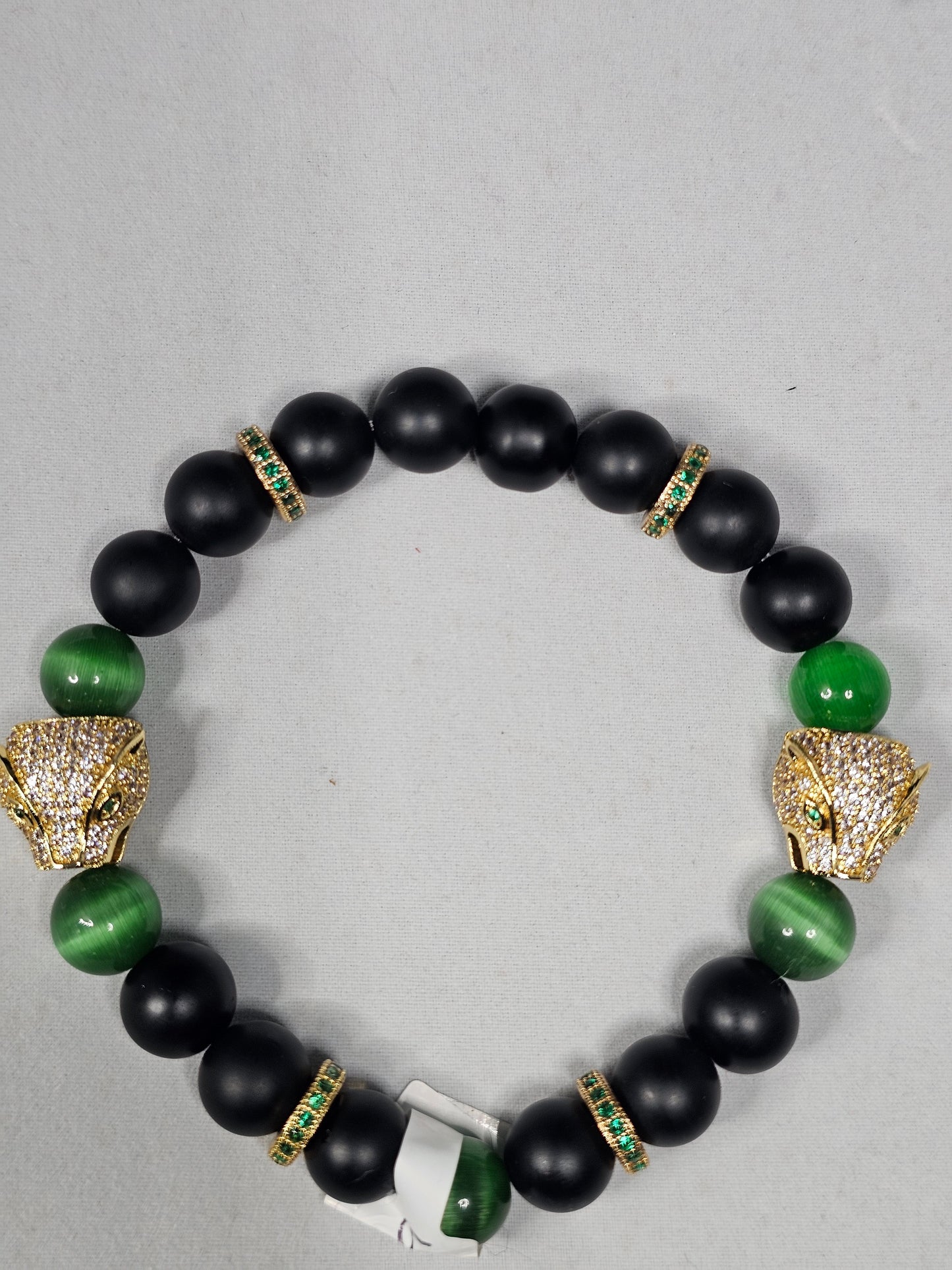 Gold Rhinestone Tiger Eye Bracelet with Black Onyx and Green Tiger Eye Beads Accented with Green Accented Gold Spacers