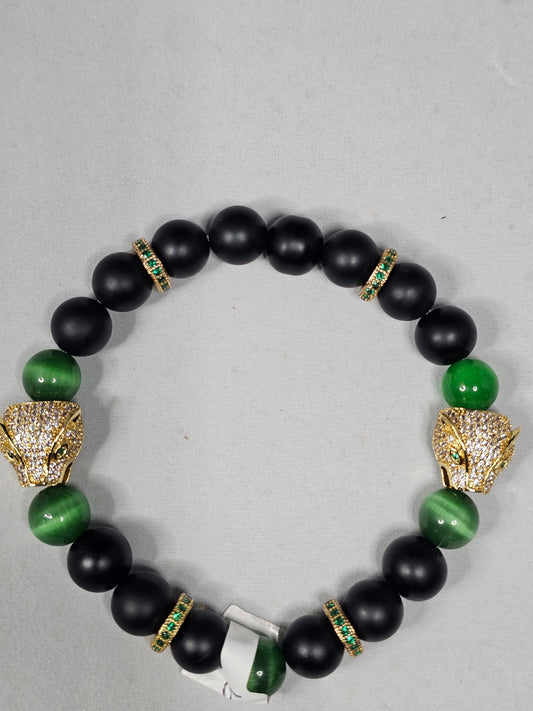 Gold Rhinestone Tiger Eye Bracelet with Black Onyx and Green Tiger Eye Beads Accented with Green Accented Gold Spacers
