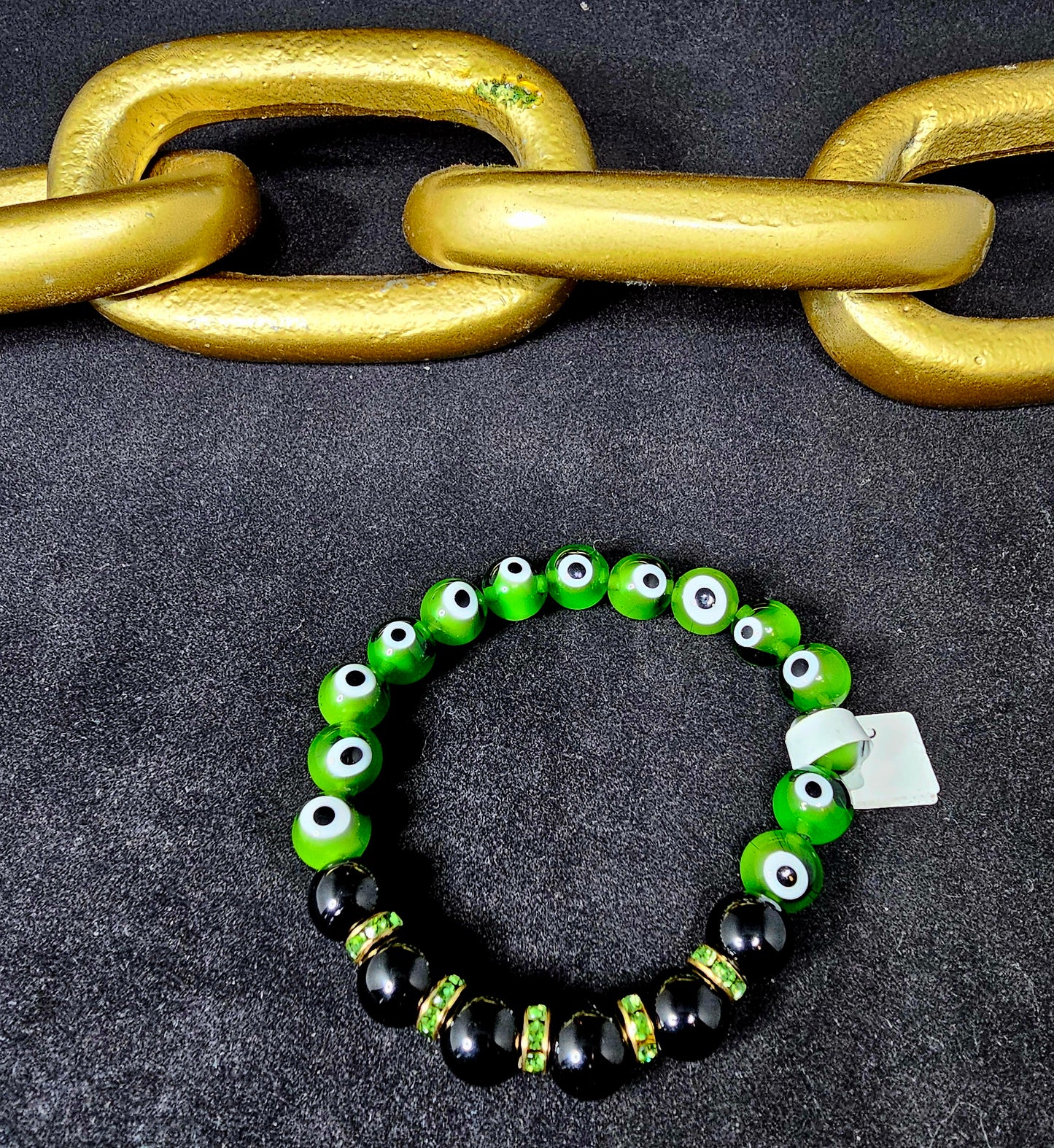 Green Evil Eye Beads Bracelet with Black Glass Beads and Green Rhinestone Spacers