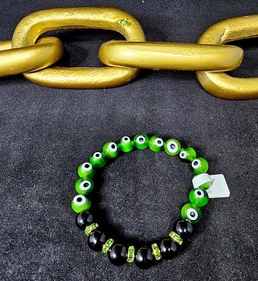 Green Evil Eye Beads Bracelet with Black Glass Beads and Green Rhinestone Spacers