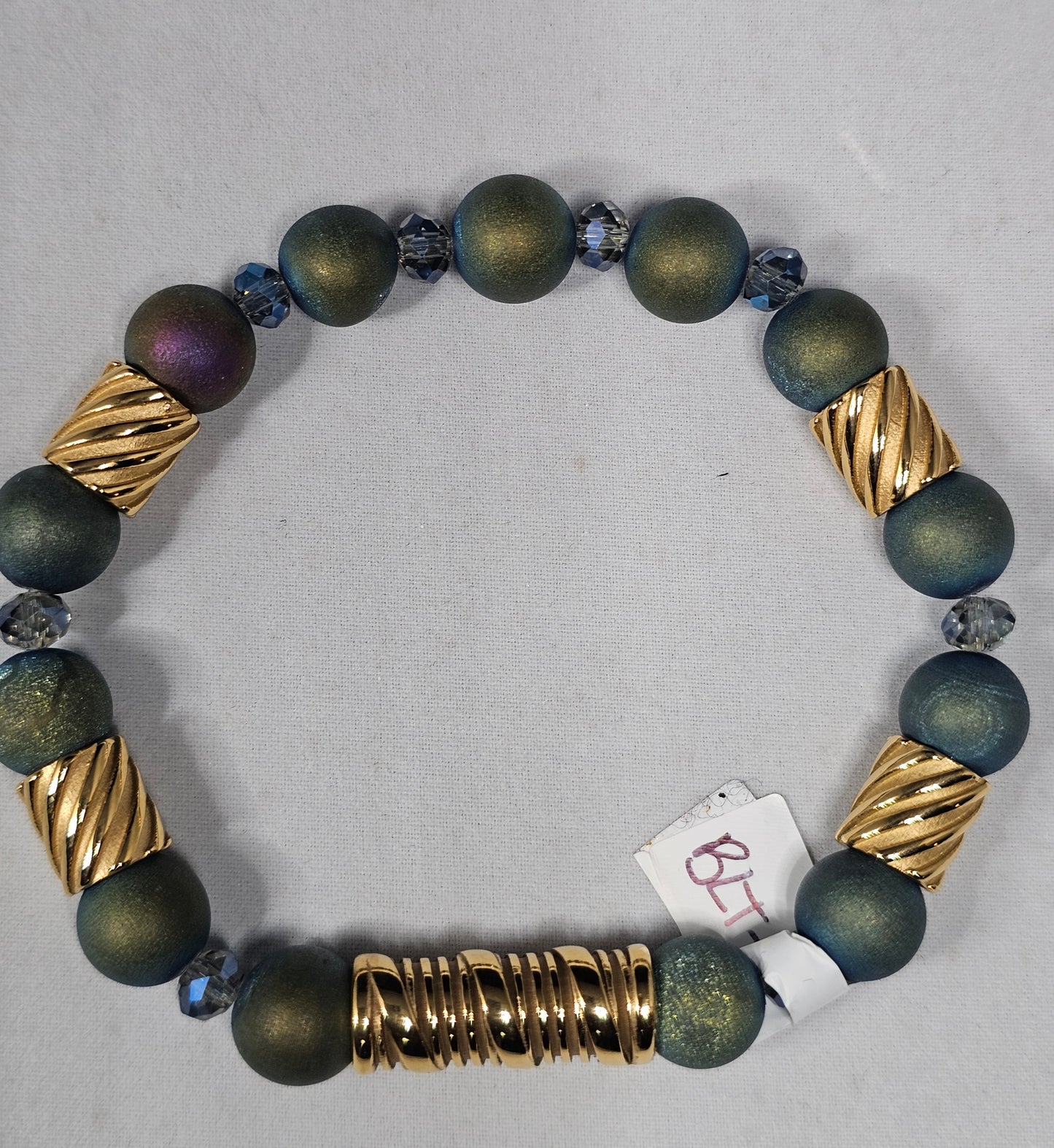 Greenish Blue Druzy Beads Accented with Teal Glass Faceted Spacer Accented with Antique Gold Swirl ar and 4 Swirl Metal Spacers Bracelet