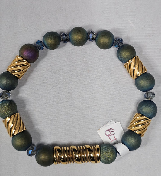 Greenish Blue Druzy Beads Accented with Teal Glass Faceted Spacer Accented with Antique Gold Swirl ar and 4 Swirl Metal Spacers Bracelet