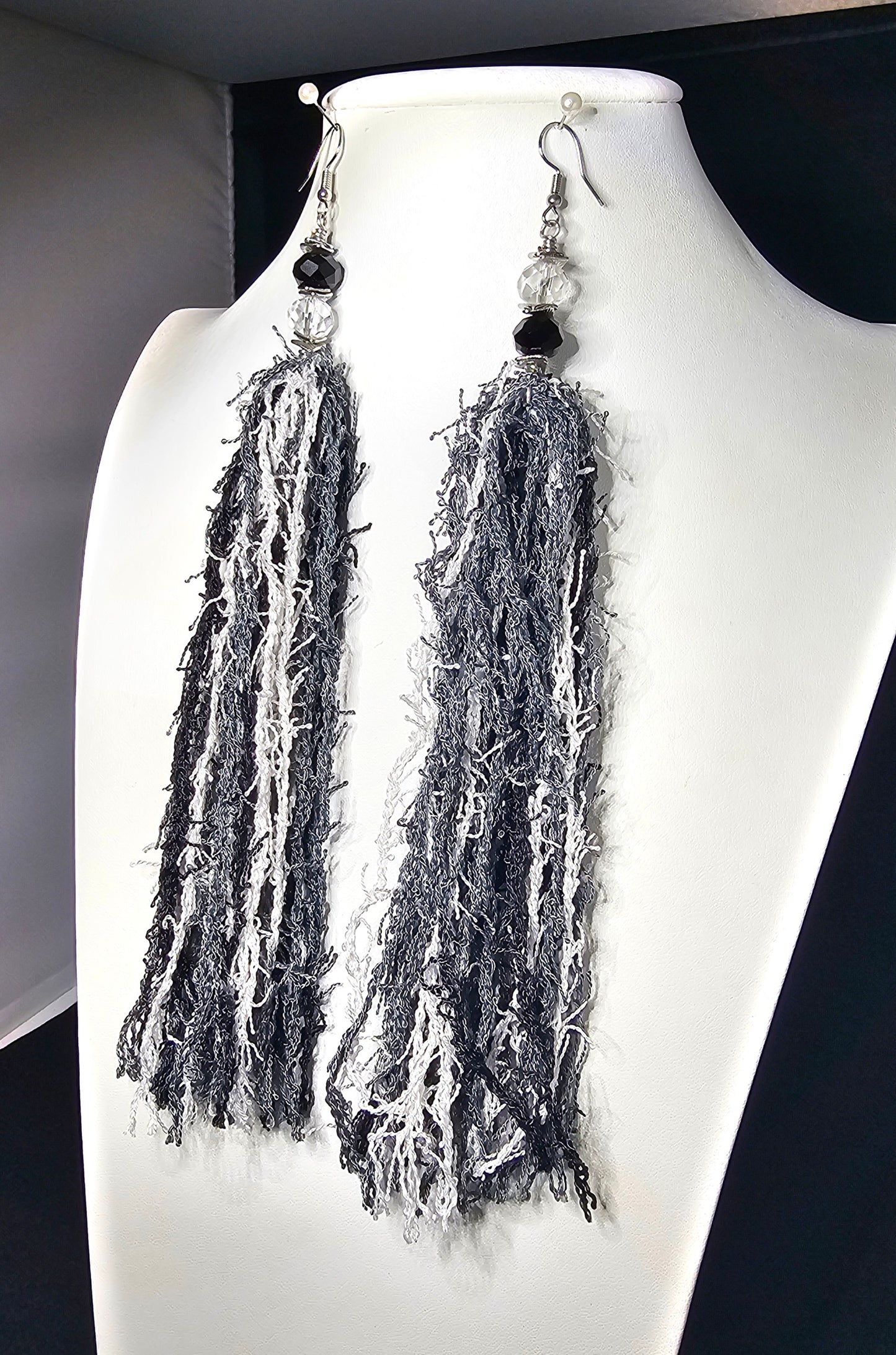 Razzle Dazzle Tassel Collection - Black, Grey, White Scrubby Tassel Earring with Black and White Faceted Beads Accents