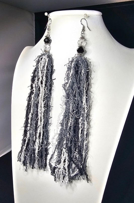 Razzle Dazzle Tassel Collection - Black, Grey, White Scrubby Tassel Earring with Black and White Faceted Beads Accents
