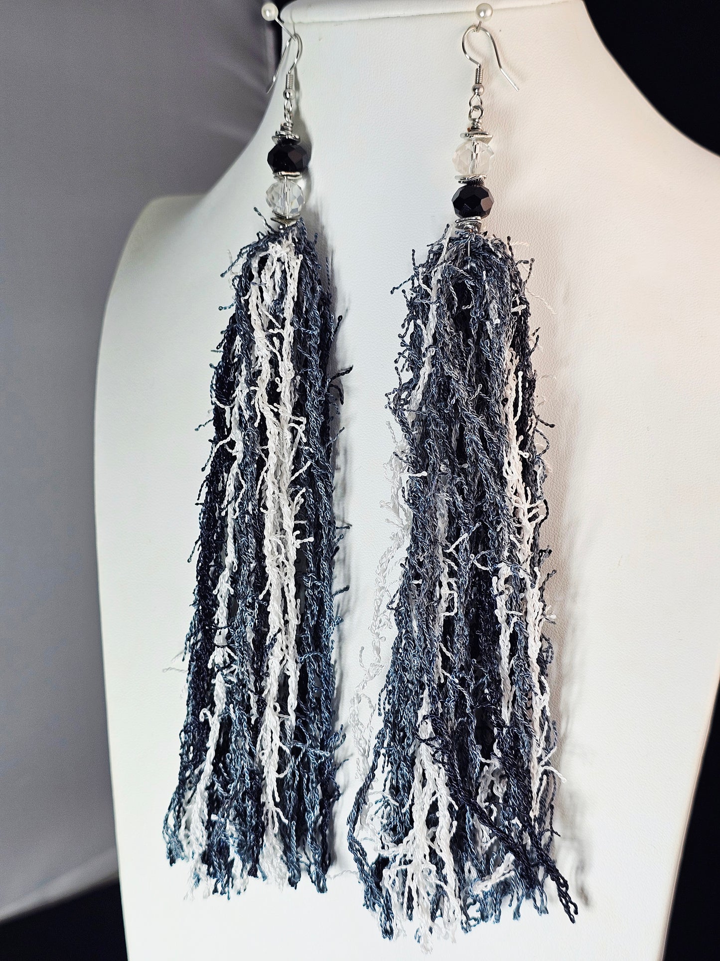 Razzle Dazzle Tassel Collection - Black, Grey, White Scrubby Tassel Earring with Black and White Faceted Beads Accents