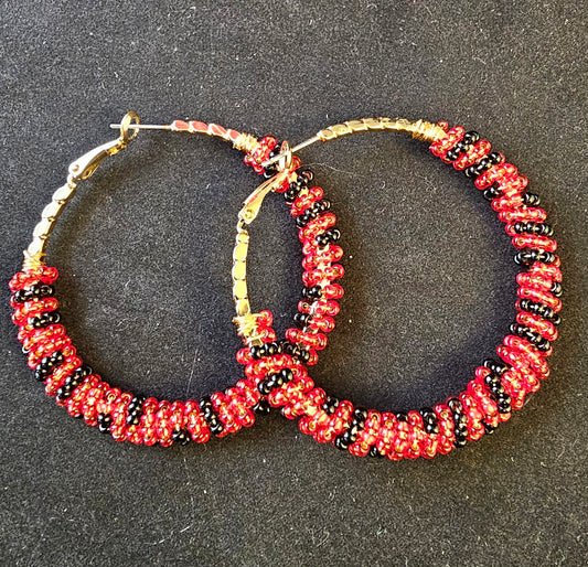 Hoop Dreams - Red and Black Beaded Earrings