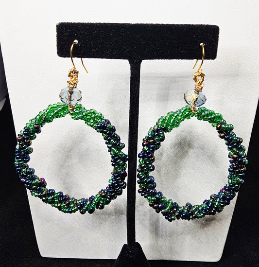 Hoop Dreams Beaded Collection - Green and Blue Drop Hoop with Crystal Accent