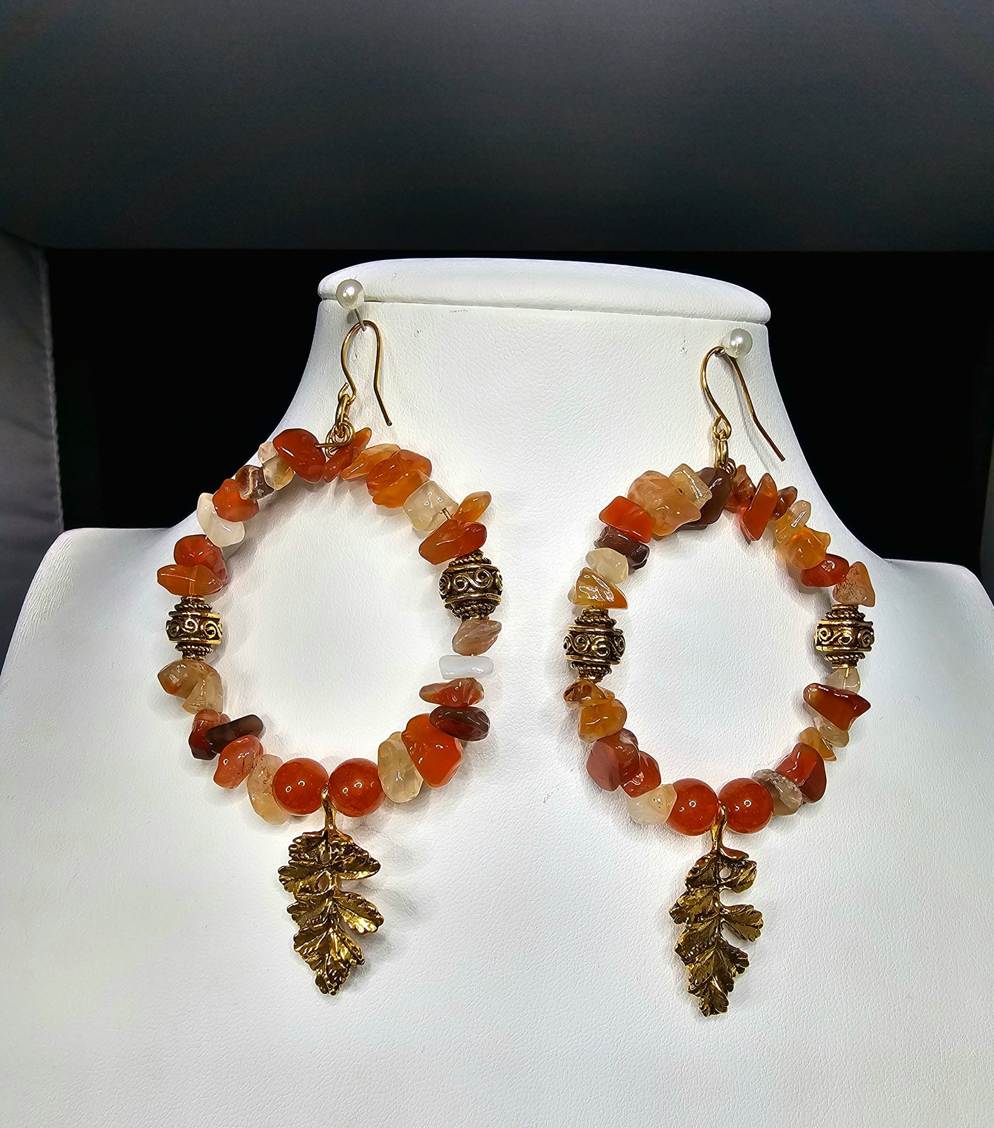 Hoop Dream Beaded Earring Collection - - Natural Carnelian Chip Drop Earring with Antique Gold Tribal Beads and Leaf