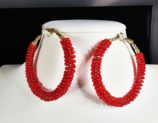 Hoop Dreams - Red Beaded Gold Hoop Earrings