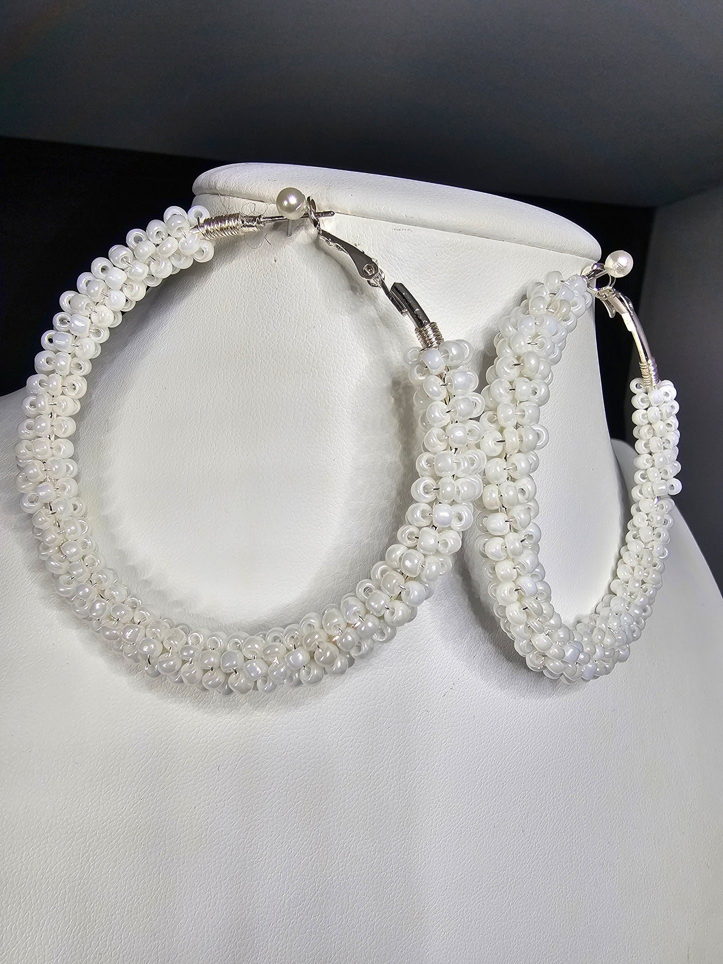 Hoop Dream - Silver White Pearlized Beaded Earrings