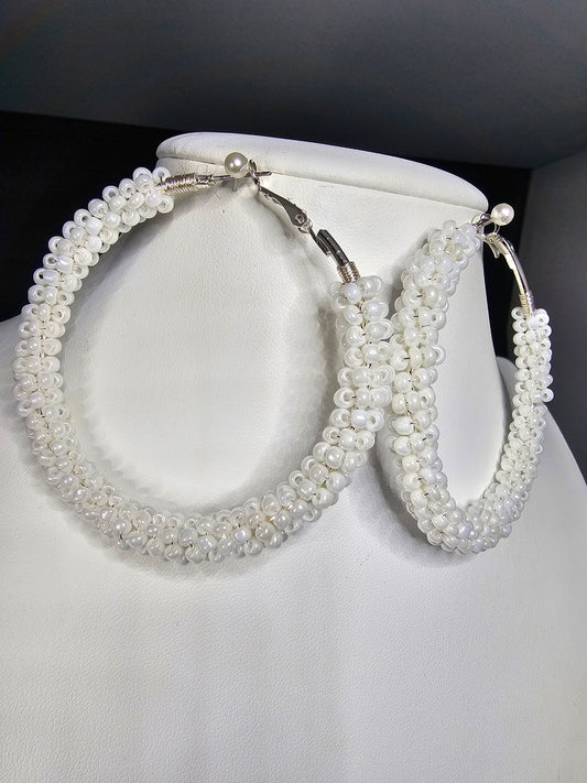 Hoop Dream - Silver White Pearlized Beaded Earrings