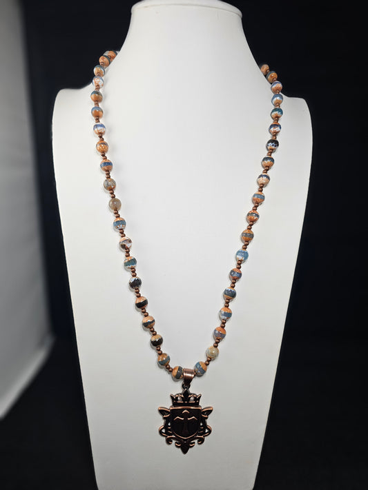Polished Cooper King Shield with Embossed Cross Necklancw with Copper and Blue Tibetan Beads and Metal Copper Spacers