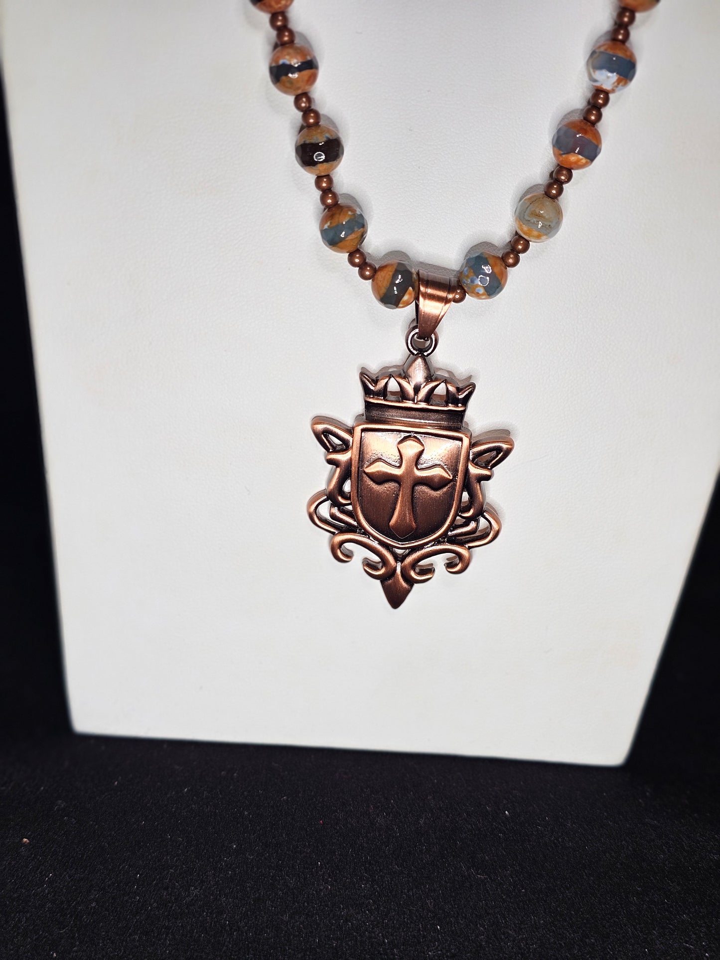 Polished Cooper King Shield with Embossed Cross Necklancw with Copper and Blue Tibetan Beads and Metal Copper Spacers