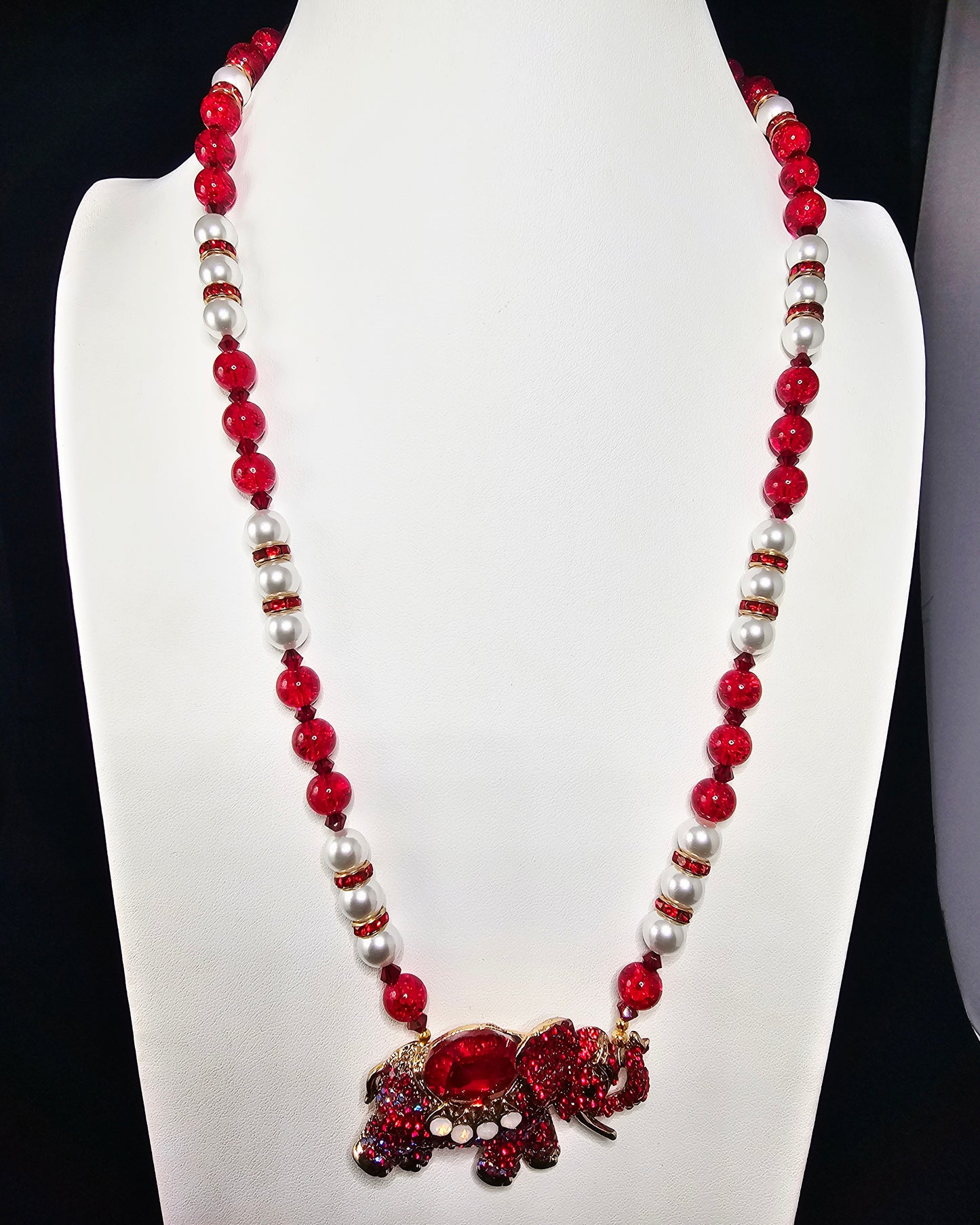 Beautiful Red Rhinestone Elephant Necklace with Cherry Red and Pearl Beads