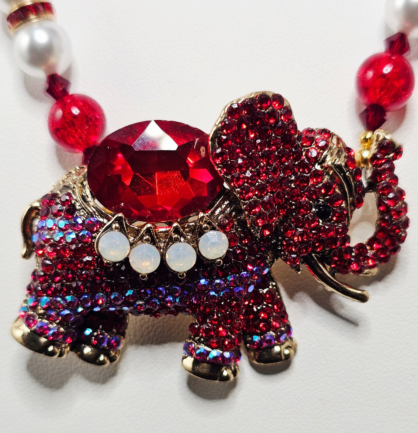 Beautiful Red Rhinestone Elephant Necklace with Cherry Red and Pearl Beads