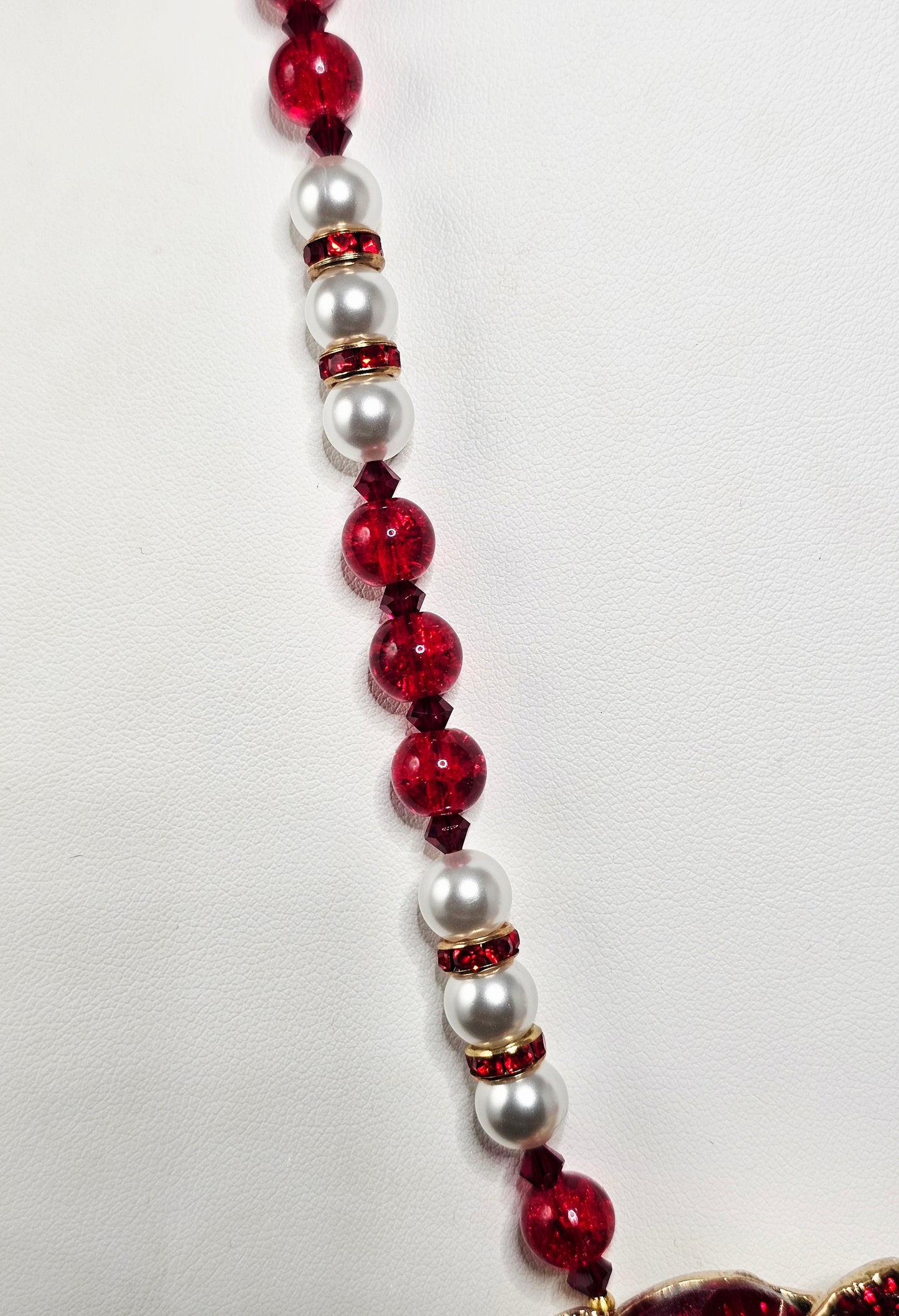 Beautiful Red Rhinestone Elephant Necklace with Cherry Red and Pearl Beads