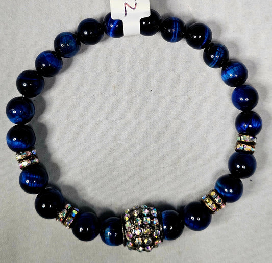 Royal Blue Tiger Eye Bead with Iridescent Rhinestone Focal Bead and Rondelle Spacer Bracelet