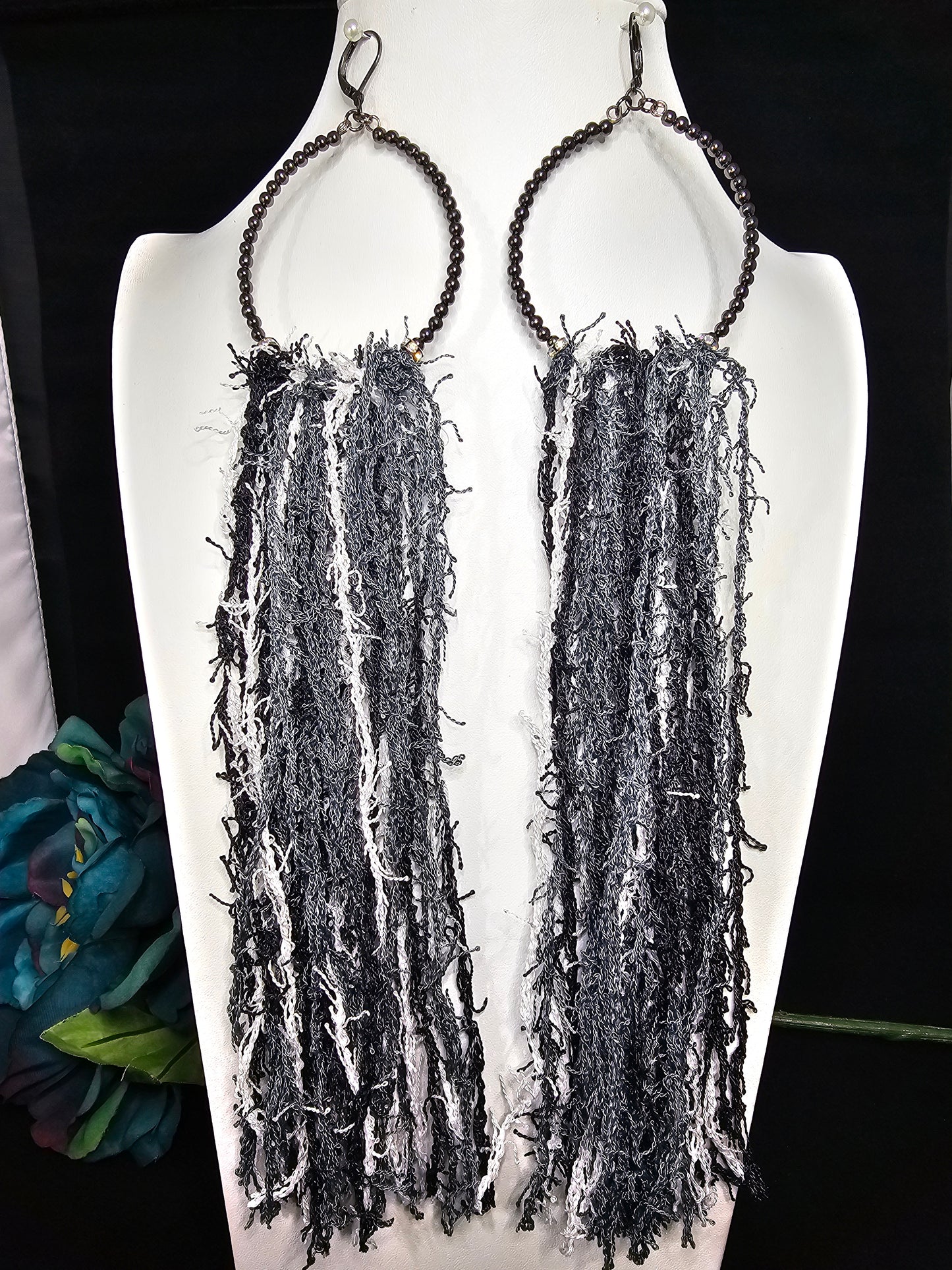 Razzle Dazzle Tassel Collection - Black, White & Grey Scrubby Yarn Tassel Earring on Hematite Beaded Hoops
