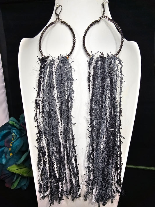 Black, White & Grey Scrubby Yarn Tassel Earring on Hematite Beaded Hoops