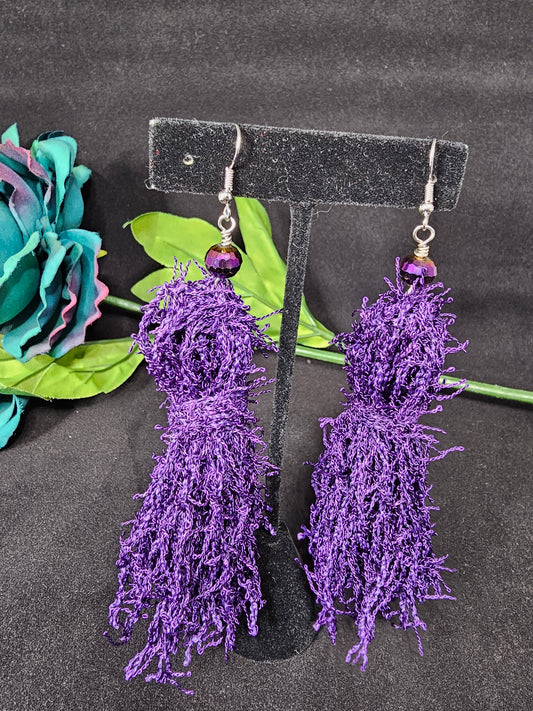 Razzle Dazzle Tassel Collection - Deep Purple Scrubby Yarn Dangle Earring topped with a Purple Faceted Bead&nbsp;