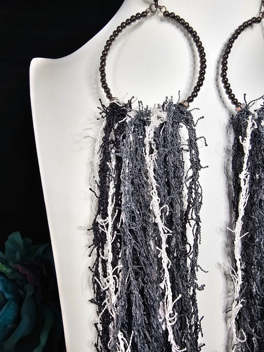 Black, White & Grey Scrubby Yarn Tassel Earring on Hematite Beaded Hoops