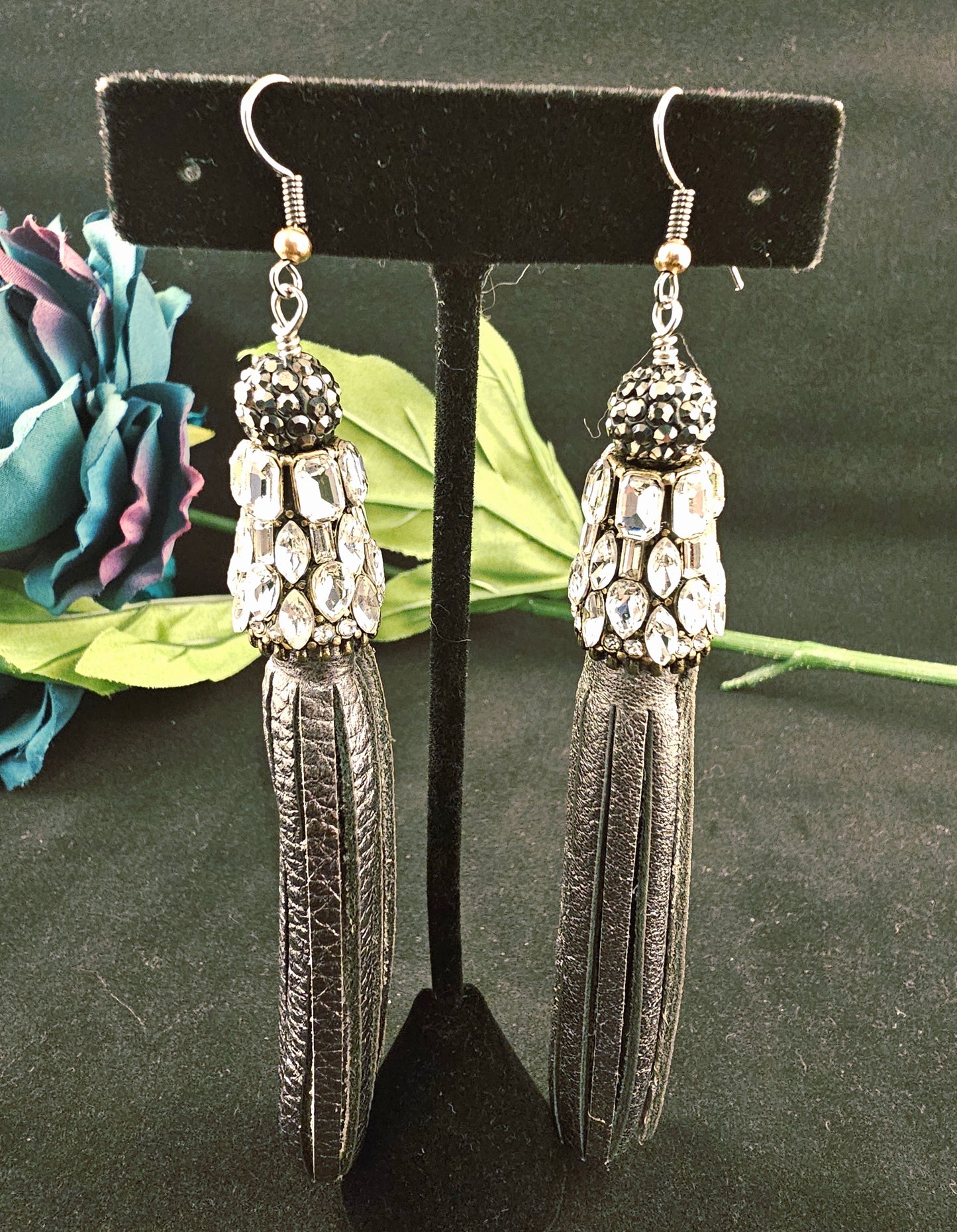 Silver Grey Leather Fringe Earrings with Rhinestone Cap and Hematite Pave Bead
