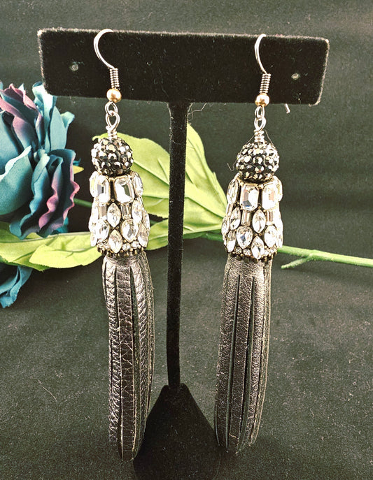 Silver Grey Leather Fringe Earrings with Rhinestone Cap and Hematite Pave Bead