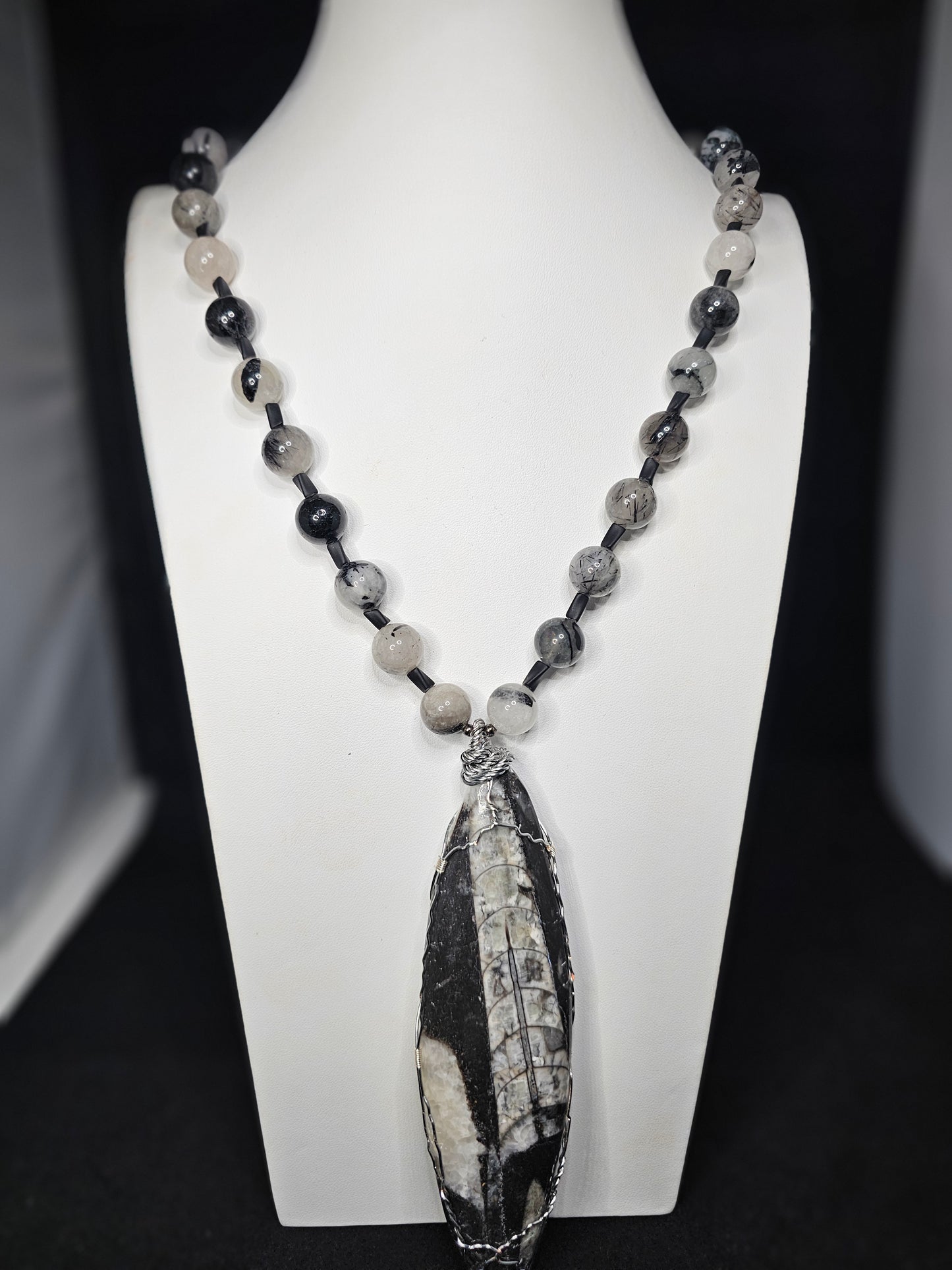 Silver Wire Wrapped Orthoceras Fossil Pendant with Natural Black Tourmaline Quartz Beads