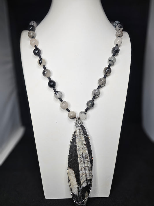 Silver Wire Wrapped Orthoceras Fossil Pendant with Natural Black Tourmaline Quartz Beads