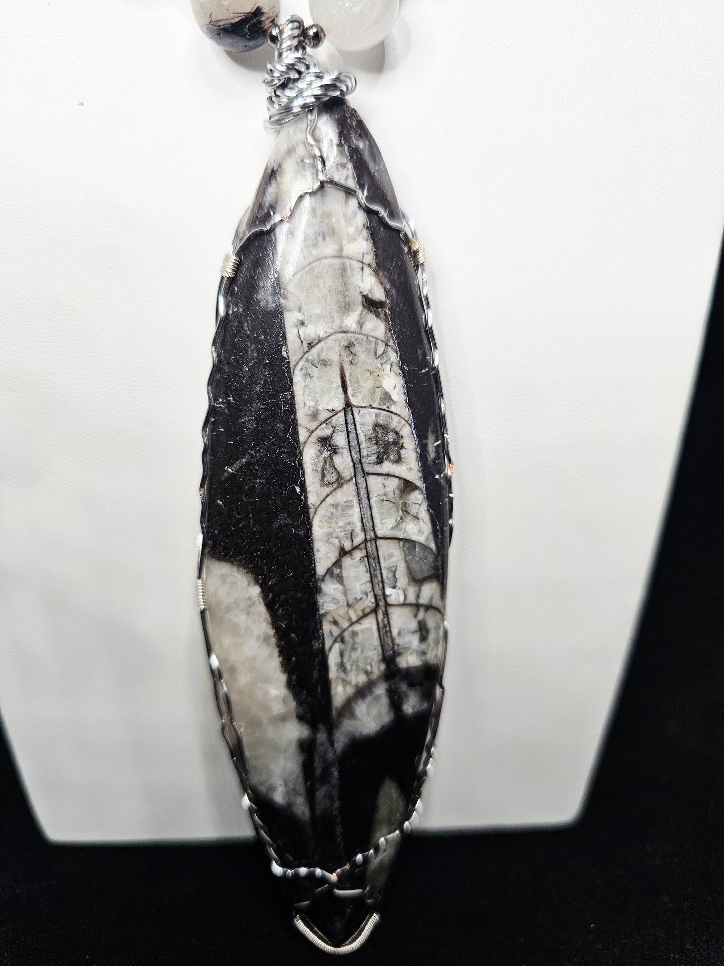 Silver Wire Wrapped Orthoceras Fossil Pendant with Natural Black Tourmaline Quartz Beads