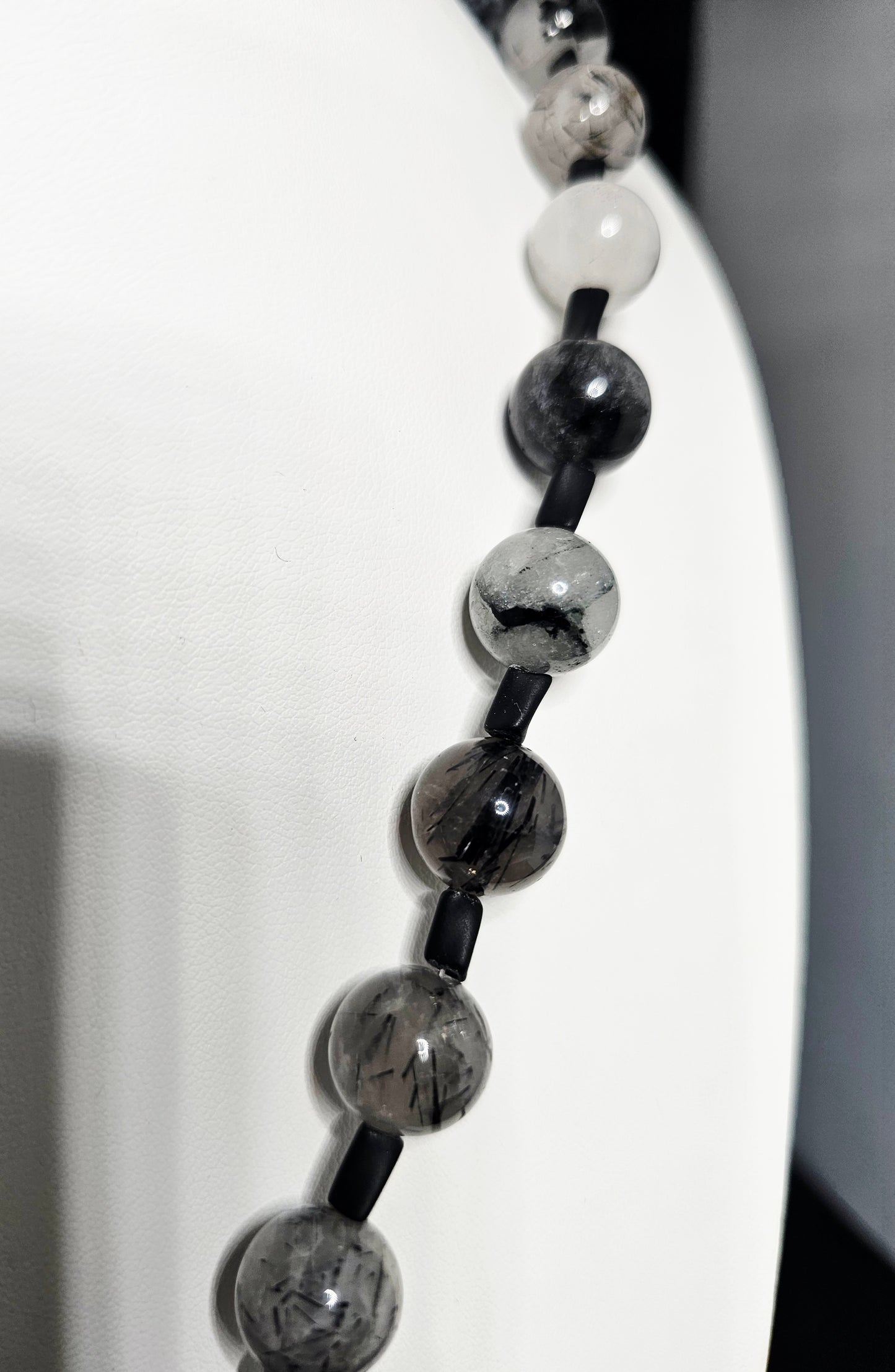 Silver Wire Wrapped Orthoceras Fossil Pendant with Natural Black Tourmaline Quartz Beads