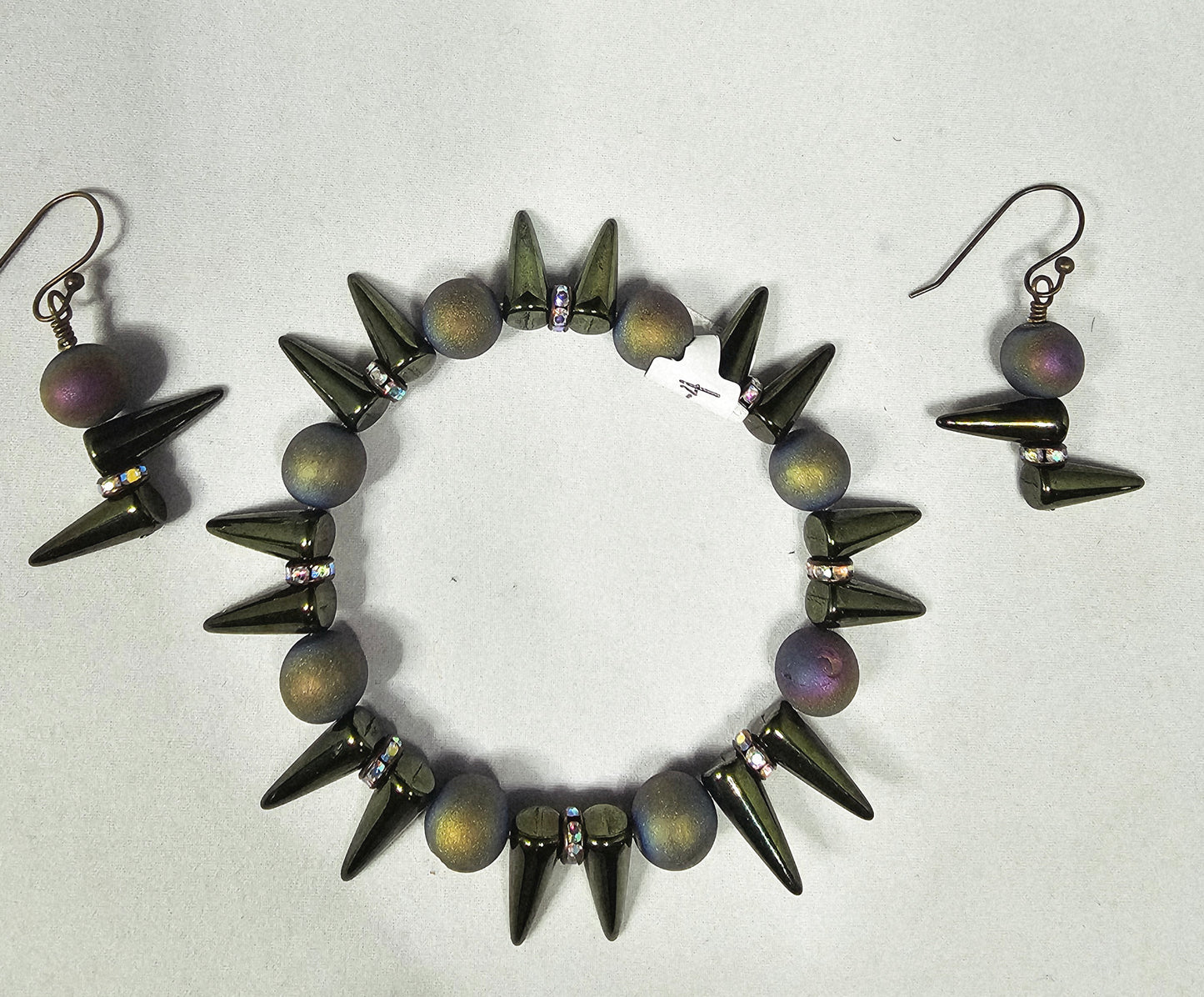 Greenish Blue Druzy Beaded Bracelet and Earrings Set with Green Spikes and Beautiful Iridescent Spacers
